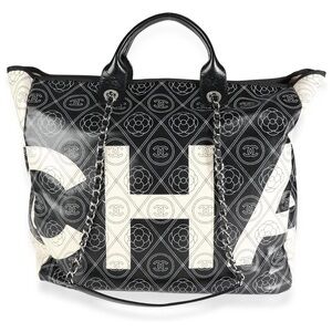 CHANEL Black & White Coco Mark Camellia Tote